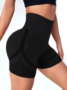 Women Yoga Shorts High Waist Workout Shorts Fitness Yoga Black Sz L - Picture 1 of 5