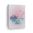 African American Kid Mermaid in Pink Blue Haired Canvas Wall Art Print