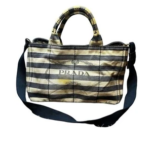 PRADA Canapa MM Hand Bag Canvas Blue whitew - Picture 1 of 16