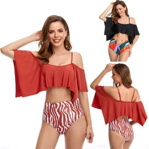 Women's 2Piece Bikini Set Swimwear Bathingsuit High Waist Bottom Swimsuit Ruffle - Picture 1 of 21