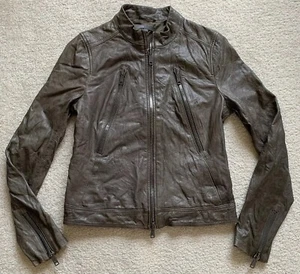 Chaqueta de moto de cuero Vince para mujer talla S marrón cuello alto cremalleras cápsula mantecosa - Imagen 1 de 20