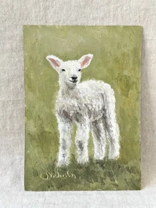 Original Ölgemälde Sammlerstück vergoldetes Lamm Gemälde kleine Kunst 5x7 - Bild 1 von 9