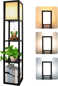Lampada Salotto Da Terra, 3000K-5000K Lampada Da Pavimento in Legno Con Scaffale - Foto 1 di 12