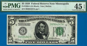 1928 $5 Federal Reserve Note PMG 45EPQ rare and wanted Minneapolis FR-1950-I - Picture 1 of 2