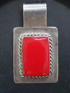A 925 Sterling Silver Synthetic Red Stone Design Rectangle Dangle Pendant 12 Gr - Picture 1 of 7
