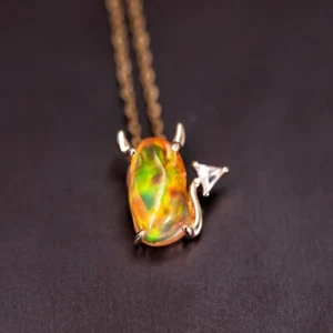 I Love You, Little Devil- Mexican Fire Opal Diamond Pendant ONLY 18K Yellow Gold - Picture 1 of 10