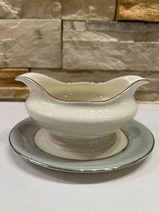 Castleton Fine China USA Lyric Gravy Boat w/ Underplate Platinum Trim Gray Color - Picture 1 of 8
