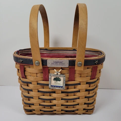 Longaberger 2003 Bee Basket Set Liner Protector Americana Red Blue Stars Handles Cover