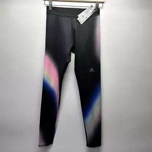 NWT-Girls Adidas Aeroready Black With Rainbow Print Tights-Girls Size Large - Picture 1 of 12