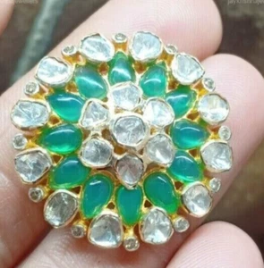 Mossoianite Polki Diamantring, 925 Silber Smaragd Edelstein Blumen Hochzeit Ring - Bild 1 von 4