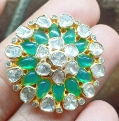 Mossoianite Polki Diamantring, 925 Silber Smaragd Edelstein Blumen Hochzeit Ring - Bild 1 von 4