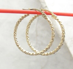 1" Full Diamond Cut Round  Hoop Earrings Real 10K Yellow Gold 2mmX 25mm - Picture 1 of 5