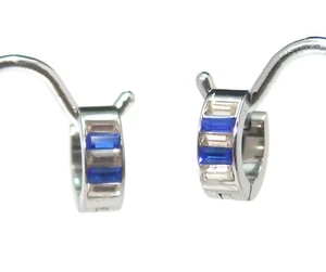 Huggie Earrings Blue and Clear Cubic Zirconia Hypoallergenic Surgical Steel - Picture 1 of 6