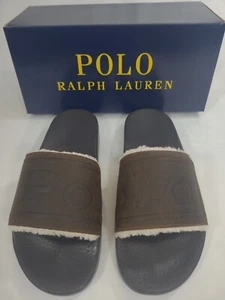Polo Ralph Lauren Sandals Slides Mens 11 Brown Leather Suede Sherpa Snuff Cayson - Picture 1 of 14