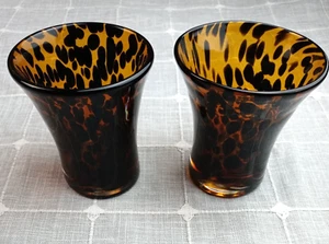 Set of 2 Black & Amber Art Glass Leopard or Tortoise Shell Pattern 4-1/2” Heavy - Picture 1 of 9
