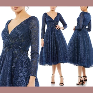 NEW Mac Duggal [ 16 ] 11218 Lace V- Neck Long Sleeve Tea Length Dress Blue #S938 - Picture 1 of 14