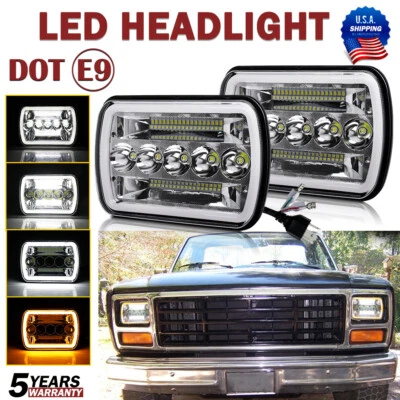 PAIR 7X6 5X7" Halo High Low Beam DRL LED Headlight Bulb Clear Sealed H4 HID - Image 1 of 4