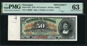 Nicaragua 1910 50 Centavos P43as Specimen PMG 63 UNC - Picture 1 of 2