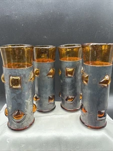 4 VTG MCM Amber Mexican Imprisoned Glass Tumblers Felipe Derflinger Brutalist - Picture 1 of 10