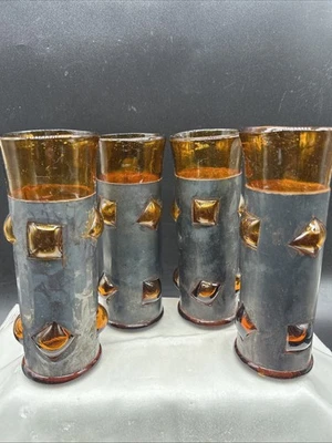 4 VTG MCM Amber Mexican Imprisoned Glass Tumblers Felipe Derflinger Brutalist - image 1 of 4