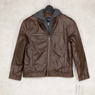 GUESS Hombres Imitación Cuero Desmontable-Capucha Moto Chaqueta Marrón Talla XL Foto 1 de 4