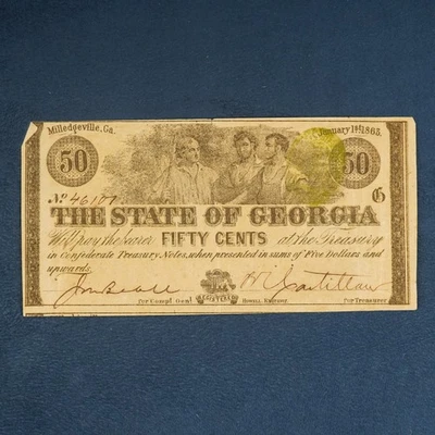1863 The State of Georgia Milledgeville 50c Note - Free Shipping USA - Image 1 of 3