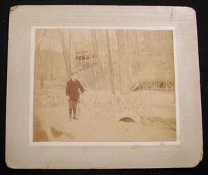 Boy In Woods Photo By Rock Wall Bridge Gazebo Trees Antique - Picture 1 of 6