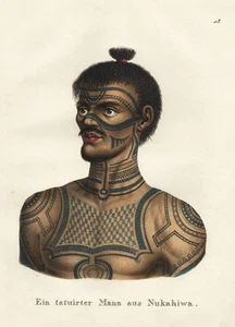 Hombre tatuaje Nuku Hiva Polinesia Francesa Pacífico indígena litografía Brodtmann 1824 - Imagen 1 de 1