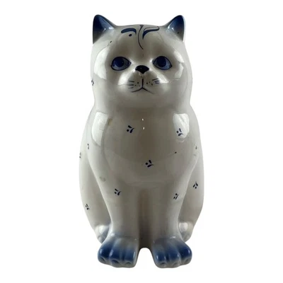 Estatuilla Enesco Cerámica Gato 7" Azul Diseño Floral Vintage Foto 1 de 4