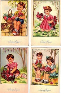Lotto 4 cartoline Augurali Bambini con Fiori Childrens Flowers PC Circa 1940 - Picture 1 of 1