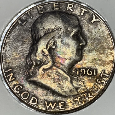1961 Franklin 90% Silver Half Dollar w/ Beautiful Multi-Color Toning! Cover