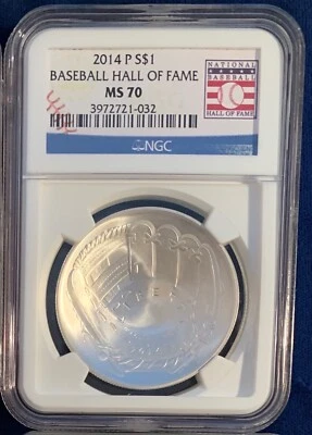 U.S. 2014-P BASEBALL HALL OF FAME SILVER DOLLAR UNCIRCULATED, CERTIFIED NGC MS70 - Image 1 of 2