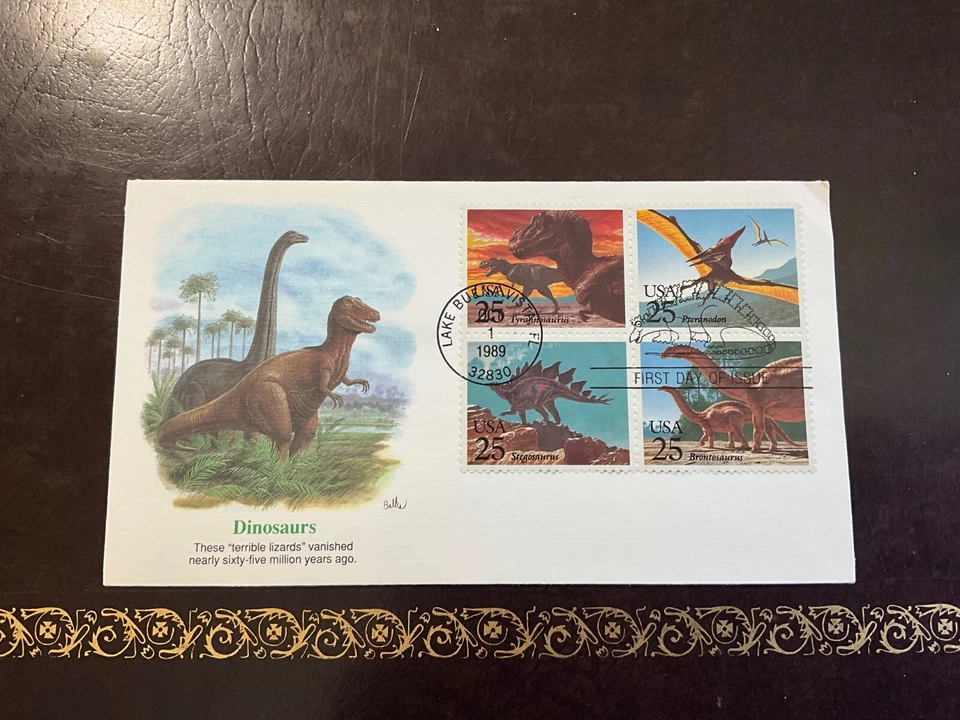 U.S. FIRST DAY COVER, DINOSAURS.  SCOTT 2422-2425 DON BALKE HANDPAINTED - Image 1 of 1