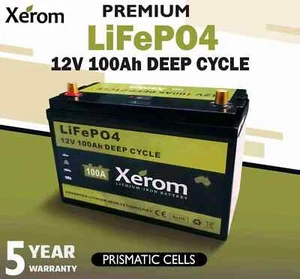 Xerom 12V 100Ah Lithium Iron Battery LiFePO4 Deep Cycle Solar Charger Camping RV - Picture 1 of 11