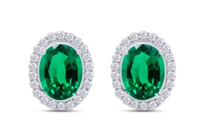 Halo Stud Earrings Simulated Emerald & Natural Diamond in 14K White Gold - Picture 1 of 10