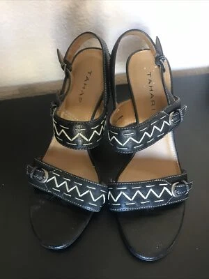 Tahari Crest black leather stitched Stiletto sandals 7M - Image 1 of 4
