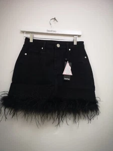 Boohoo Feather Hem Trim Denim Mini Skirt - Picture 1 of 2