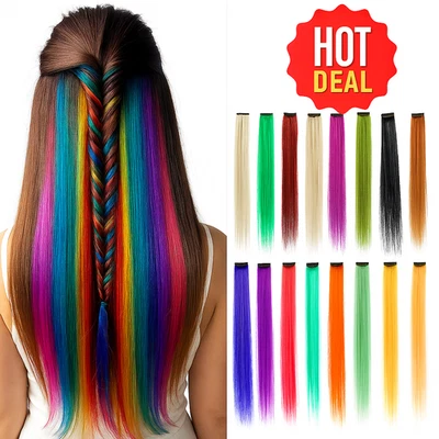 2x Long Clip In Hair Extensions Multi Colour Rainbow Highlight Streaks Festival - Image 1 of 4