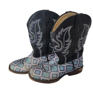 Roper Western Boots Girls Size 2 Black Purple Square Toe Bling Cowgirl Pull On - Picture 1 of 9