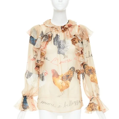 Blusa DOLCE GABBANA 100% seda beige estampado gallina transparente con volantes IT38 XS Foto 1 de 4