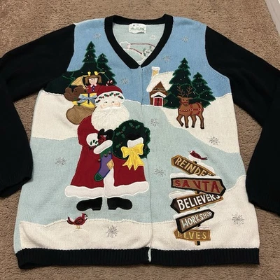 Quaker Factory Knit Christmas Cardigan Santa Angel Blue Black Size XL? *NO TAG - Image 1 of 4