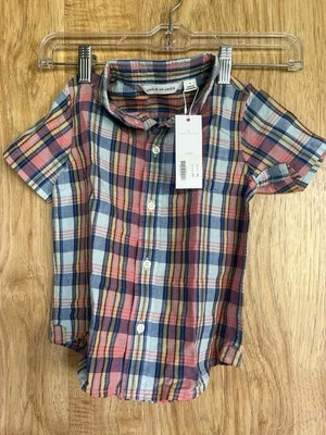 Camisa a Cuadros Janie And Jack Niños Talla 3T Botones Madrás Azul Salmón y Amarillo Foto 1 de 4