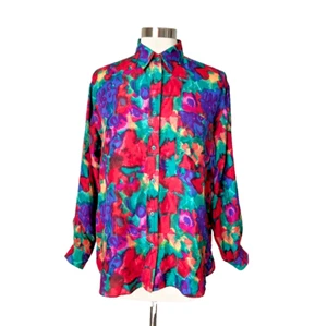 Vintage Women Blouse Size Medium Watercolor Art-to-Wear 100% Silk Blouse - Picture 1 of 16
