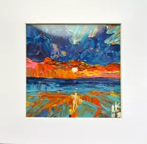 Sonnenuntergang Meereslandschaft Gemälde - 5x5 Original Acryl Ozean Miniatur - Bild 1 von 9