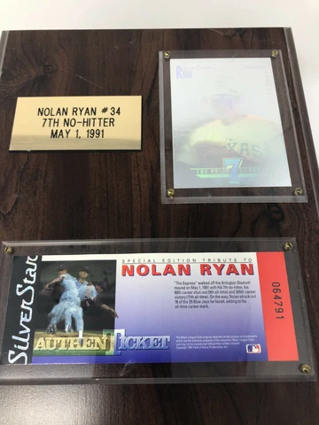 Nolan Ryan No Hitter Plack and Authentic Ticket Cover