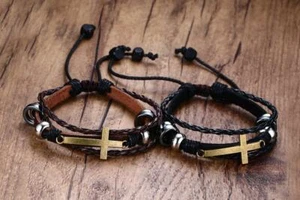Alloy Stone Cross Adjustable Black / Brown Hand Rope Personalized Men's Bracelet - Picture 1 of 11