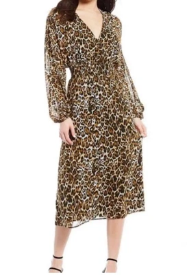 Vestido WAYF Midi Estampado Leopardo S Pequeño Marrón Negro Manga Larga NUEVO Foto 1 de 4