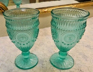 The Pioneer Woman Adeline Teal Goblet Embossed Stem Drinking Glasses 12 oz Pair! - Picture 1 of 6