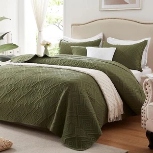 LEAONME Quilt Set King Size 3 Pieces, Lightweight Olive Green Bedspread - Picture 1 of 9