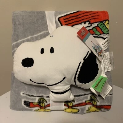 New Peanuts Snoopy Nogginz Pillow & Travel Throw Blanket Set Gray Soft 45x55" - Image 1 of 4